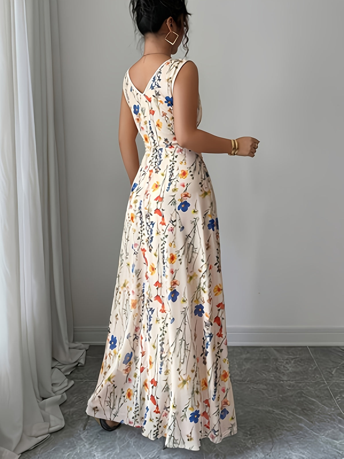 Spring/Summer Women's Elegant Fresh Floral Mesh Apricot Round Neck Waist-Tie Drawstring A-Line Sleeveless Maxi Dress YY251221206 - Multicolor