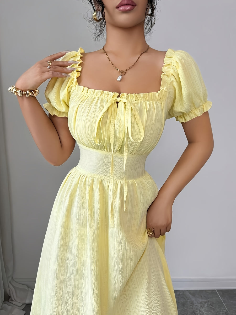 New Women'S Textured Pleated Fabric Puff Sleeve Tie-Back Open Back Waist-Cinching Dress, Slim Fit And, Elegant And Generous, Suitable for Vacation, Casual Dating, And Fashionable - Yellow