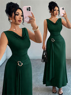 Sleeveless Puff Sleeve Dress Women'S Metallic Buckle Waist-Cinching Bodycon Skirt Elegant Temperament Evening Date Dress Long Dress - Dark Green