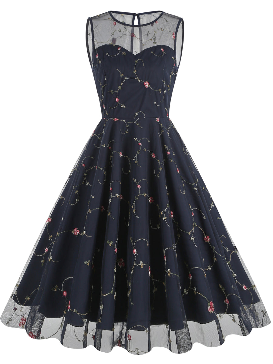 Women's Round Neck Sleeveless Mesh Embroidered Dress for Vacation, Elegant Gatherings, Parties, Floral Wedding Season, Back-to- Season, and Dates - Navy Color