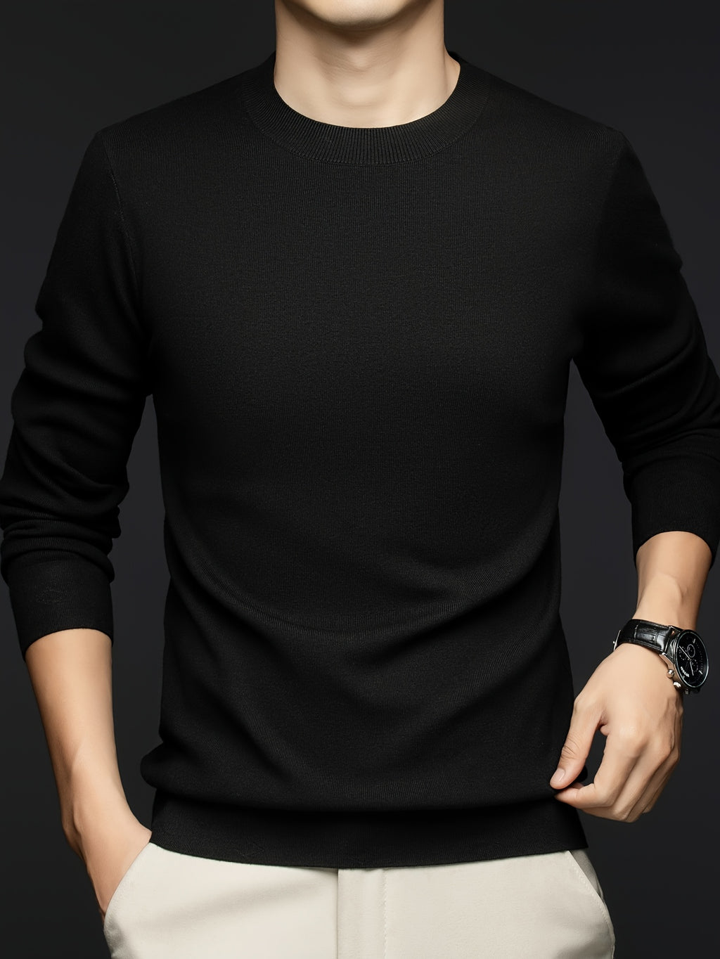 Men's Basic Crewneck Knit Sweater, a Versatile Collar Style That Never Goes Wrong in Business-casual Settings. It Doesn't Cling to the Body or Look Bulky, and Maintains a Neat Fit Even After Long Hours of Commuting Wear - Black
