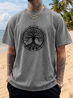 Short Sleeve T-Shirt Men'S Loose Washed Distressed Tree of Life Round Totem Trendy Double-Sided Print 12 Colors Random Match American Street High Street Hip-Hop Top Casual Outing Commuting Sports Fitness Couple Style Statement Y2K National Trend Sho - Grey