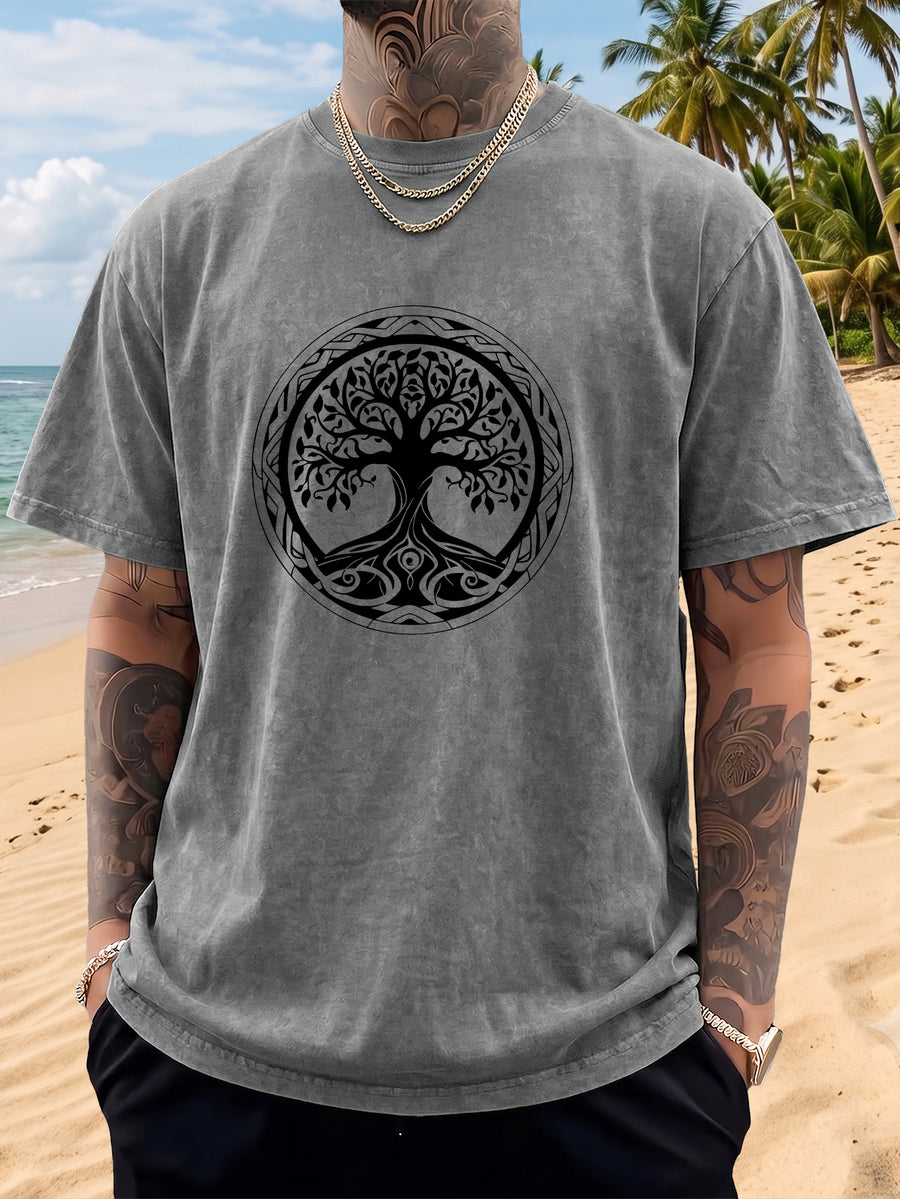 Short Sleeve T-Shirt Men'S Loose Washed Distressed Tree of Life Round Totem Trendy Double-Sided Print 12 Colors Random Match American Street High Street Hip-Hop Top Casual Outing Commuting Sports Fitness Couple Style Statement Y2K National Trend Sho - Grey
