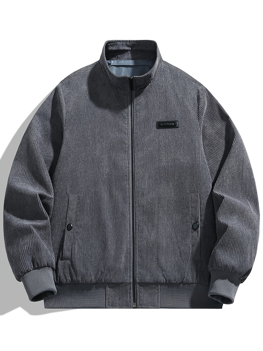Men's Vertical Stripe Corduroy Stand Collar Jacket for Spring/Autumn, Loose Fit with Ribbed Cuffs, Vintage Casual Outerwear, Versatile Commuter Snap Button Pocket Top | Corduroy Jacket, Light Business Jacket - Grey