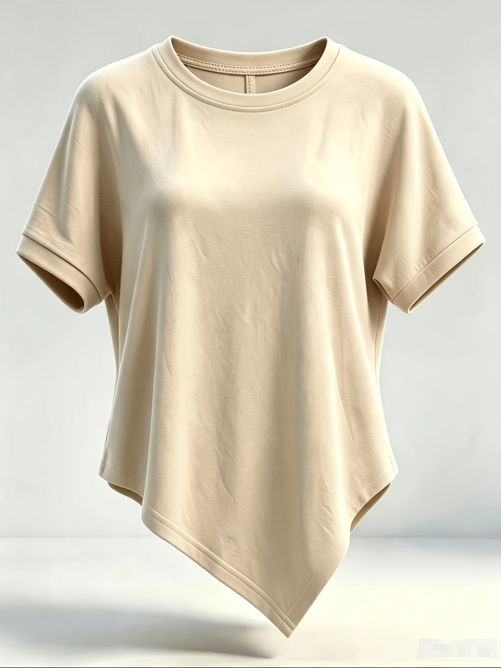 Women's Round Neck Irregular Hem Short Sleeve T-Shirt with Back Center Spliced Design, and Figure-Flattering, Versatile Daily Wear Base Layer Top - Apricot