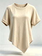 Women's Round Neck Irregular Hem Short Sleeve T-Shirt with Back Center Spliced Design, and Figure-Flattering, Versatile Daily Wear Base Layer Top - Apricot