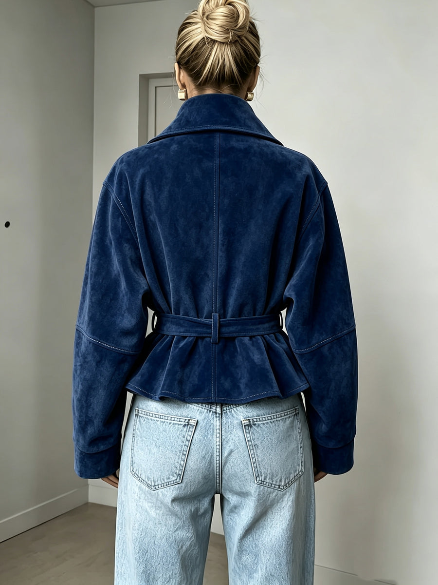 New Cross-Border Women'S Fashionable Elegant Women'S Early Autumn Tie-Up Solid Color Long Sleeve Coat - Navy blue color