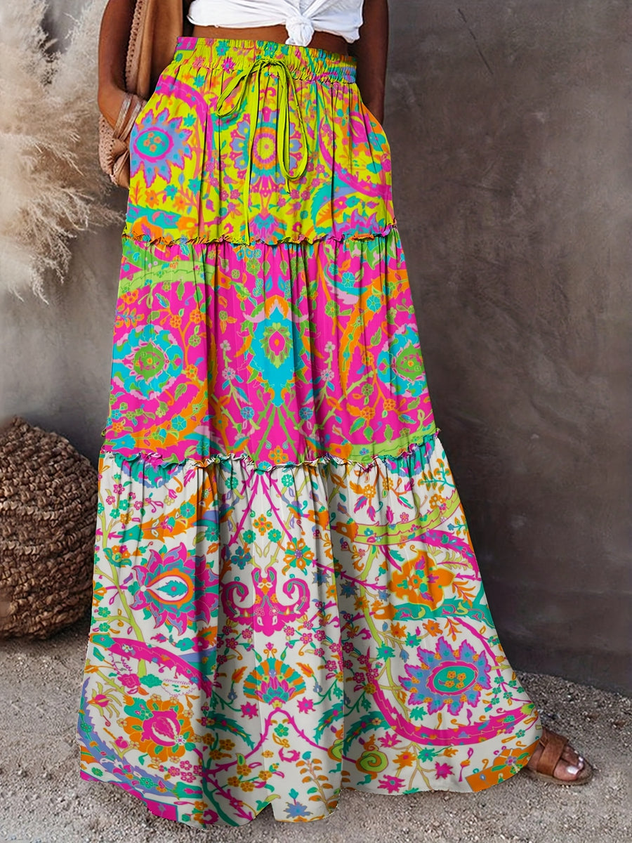 Vibrant Geometric Print Long Skirt for Women - High-Waisted, Flowy Design with Ruffled Hem, Lightweight Polyester, Perfect for Spring & Summer, Machine Washable - Multicolor