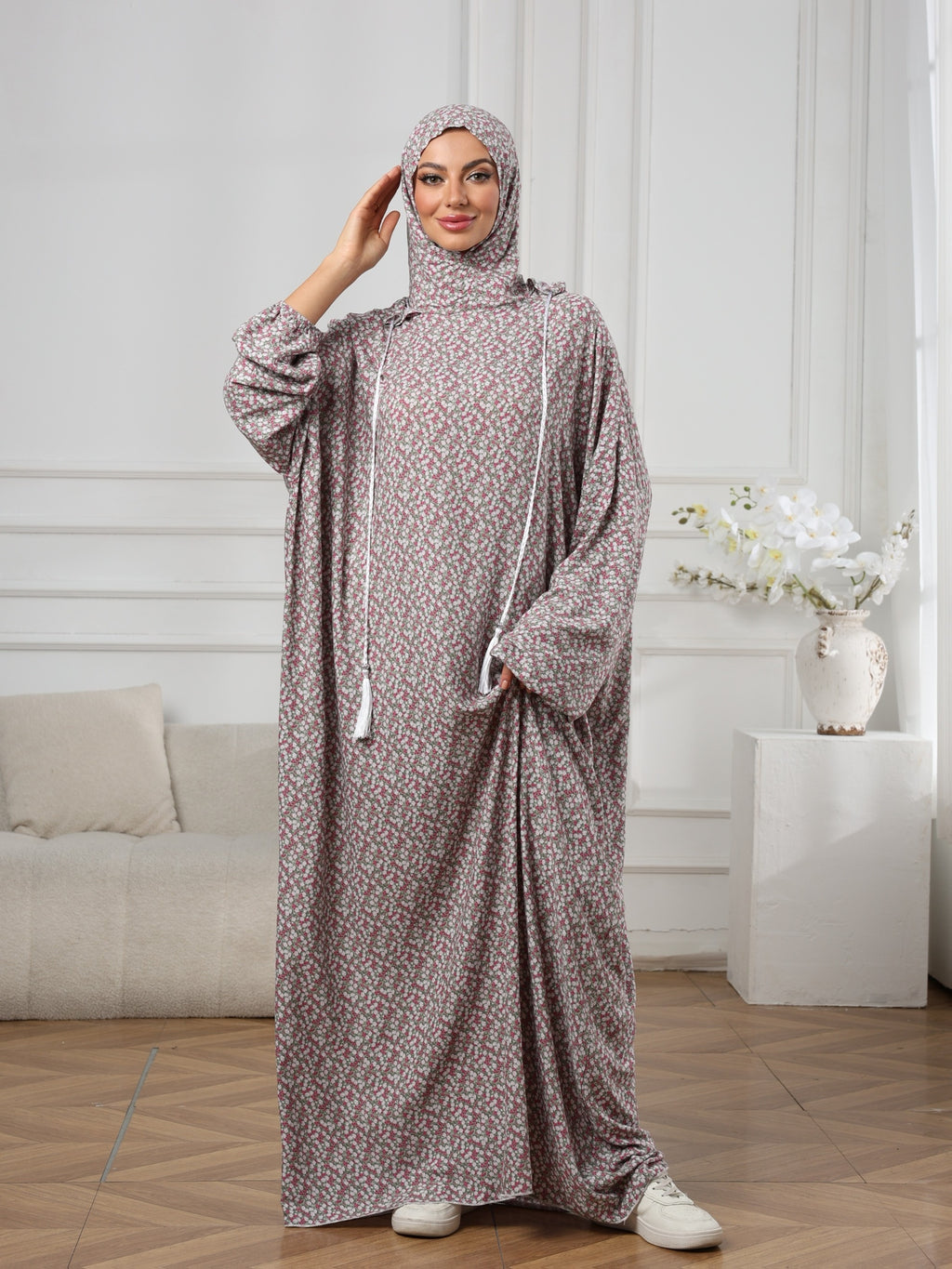 Middle Eastern Women'S Fashion Double-Hooded Drawstring Printed Prayer Robe Fashion Printed Dress - Multicolor