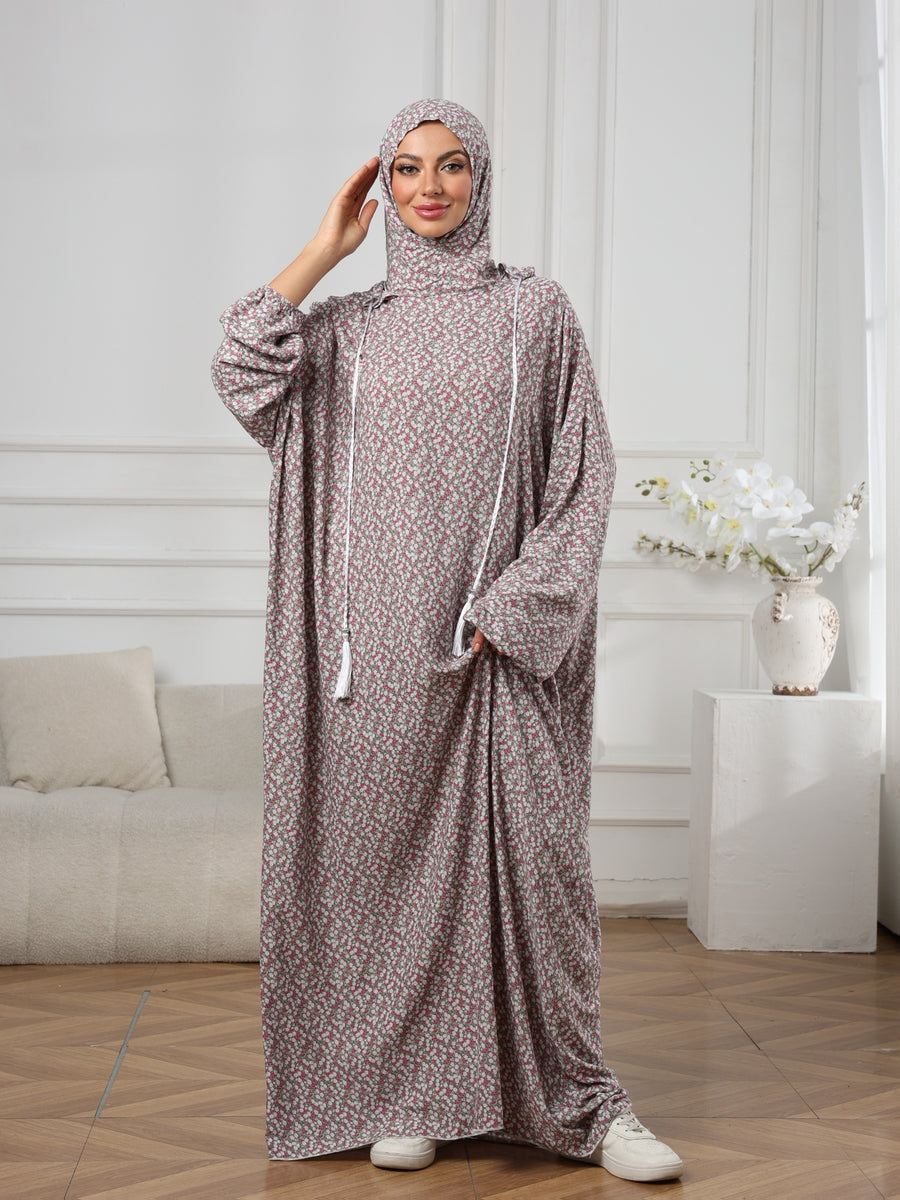 Middle Eastern Women'S Fashion Double-Hooded Drawstring Printed Prayer Robe Fashion Printed Dress - Multicolor