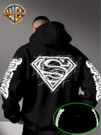 Warner Bros Official Superman Logo Print Men's Trendy Hooded Sweatshirt, Featuring Sleeve Print Design, Kangaroo Pocket, and Drawstring Hood, Suitable for Daily Wear in Autumn and Winter as Well as Outdoor Sports - a Must-have Item for Trend - Black