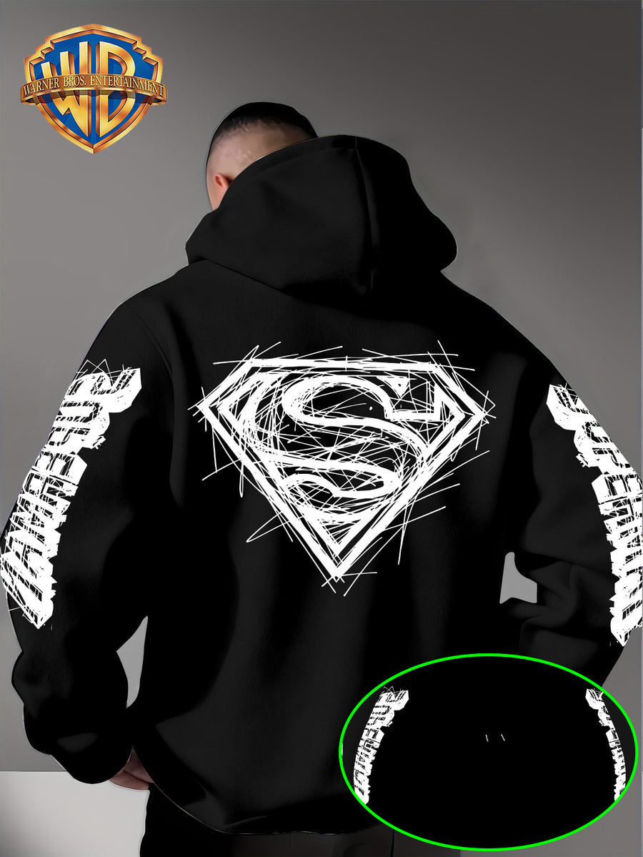 Warner Bros Official Superman Logo Print Men's Trendy Hooded Sweatshirt, Featuring Sleeve Print Design, Kangaroo Pocket, and Drawstring Hood, Suitable for Daily Wear in Autumn and Winter as Well as Outdoor Sports - a Must-have Item for Trend - Black
