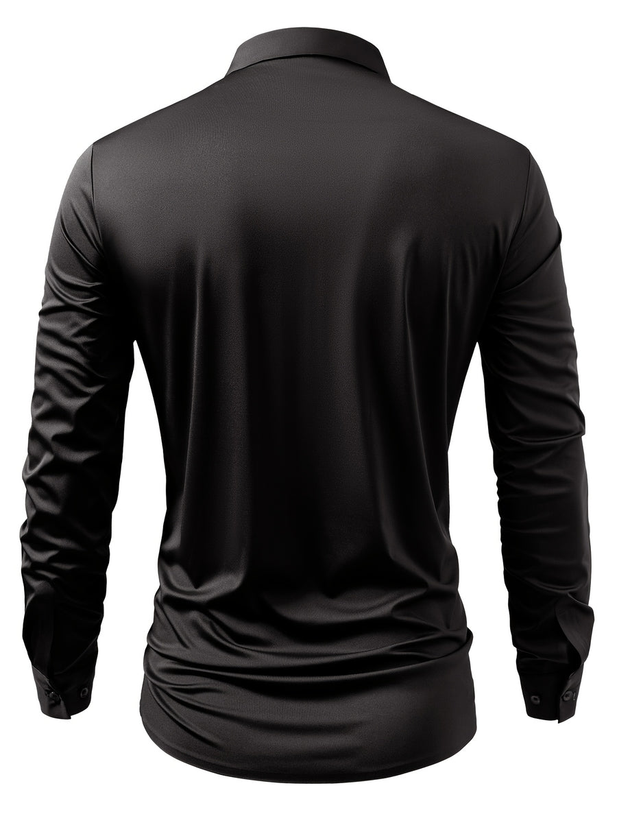 2pcs Set of Seamless Pressure Adhesive High-Elasticity Non-Iron Men'S Dress Shirt Long Sleeve Business Casual Formal Top, Material 88% Polyester 12% Spandex, Fabric Weight 160G, Casual - Black+black