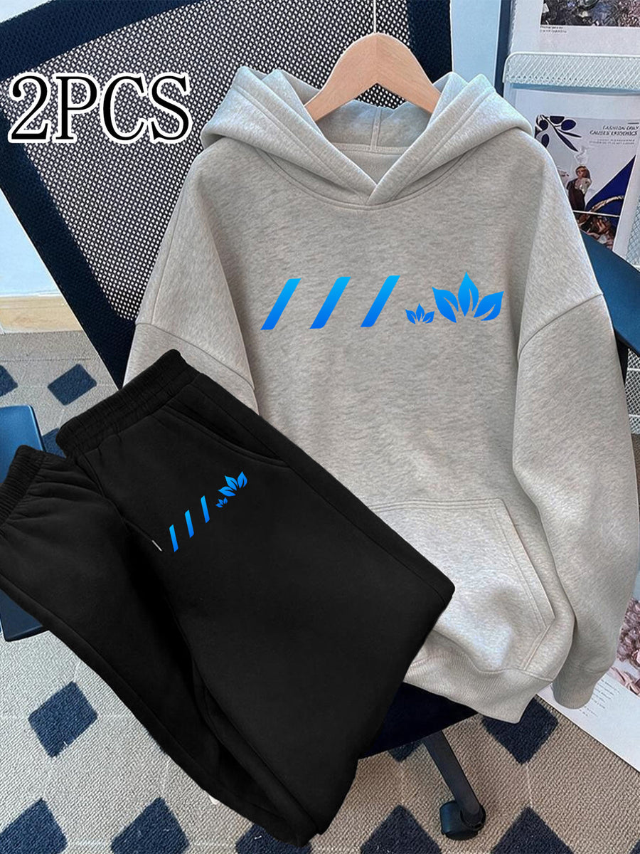 2pcs Value Pack: Stylish and Elegant Y2K Style Sportswear for Women, Suitable for Spring, Autumn, and Winter. Includes a -Lined Hooded Sweatshirt and -Lined Jogger Pants. This 2pcs Set Is Ideal for Indoor and Outdoor Wear, Featuring a Casual - Grey+Black