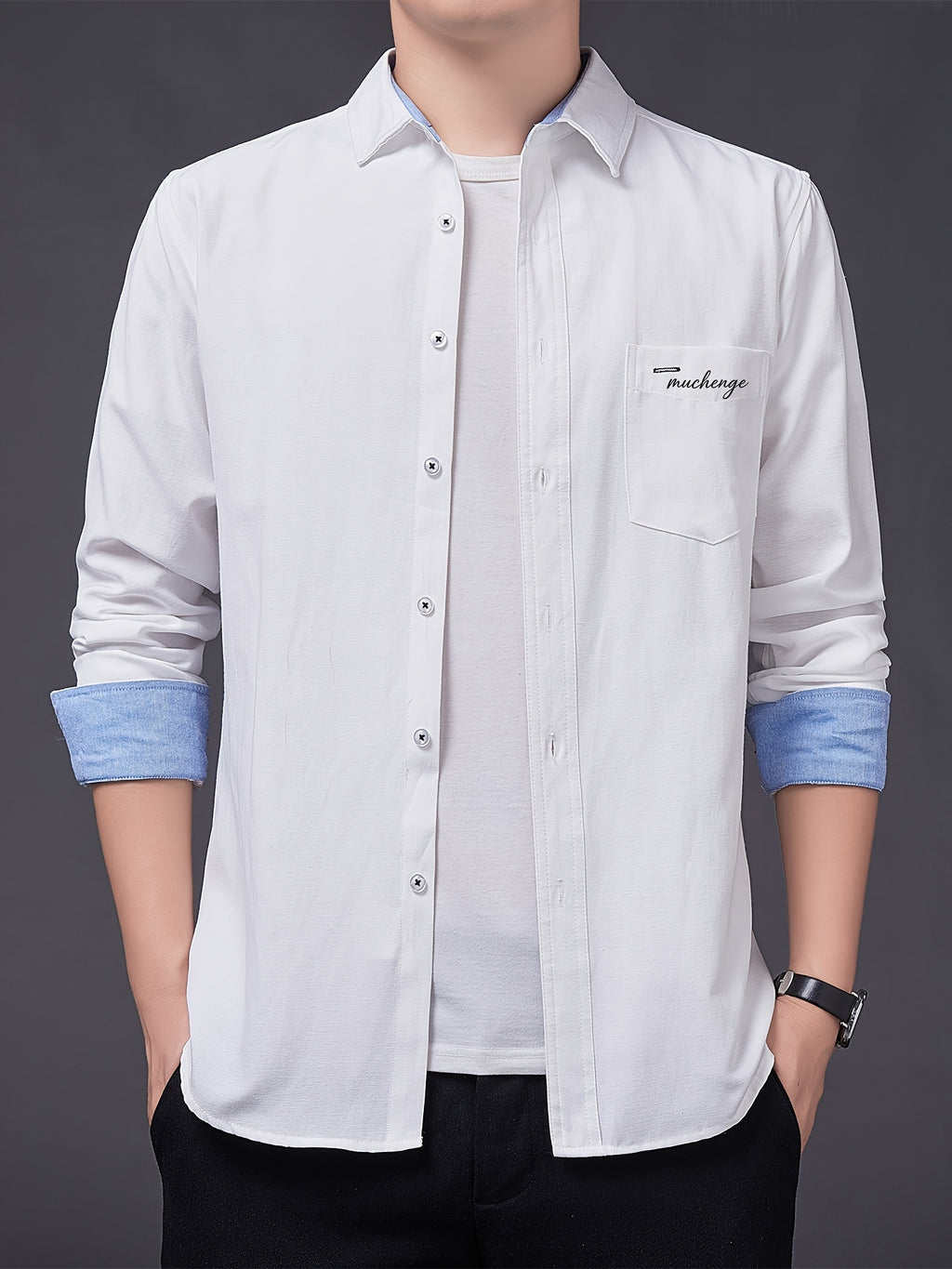 Men's Oxford Cloth Long-Sleeve Shirt for Spring/Autumn, with Lapel Collar, Simple Pocket, and English Print Decoration. Features Contrast Color Cuffs and Collar Design. A Versatile Basic Shirt for Business Casual Wear, Available in Multiple Colors - White