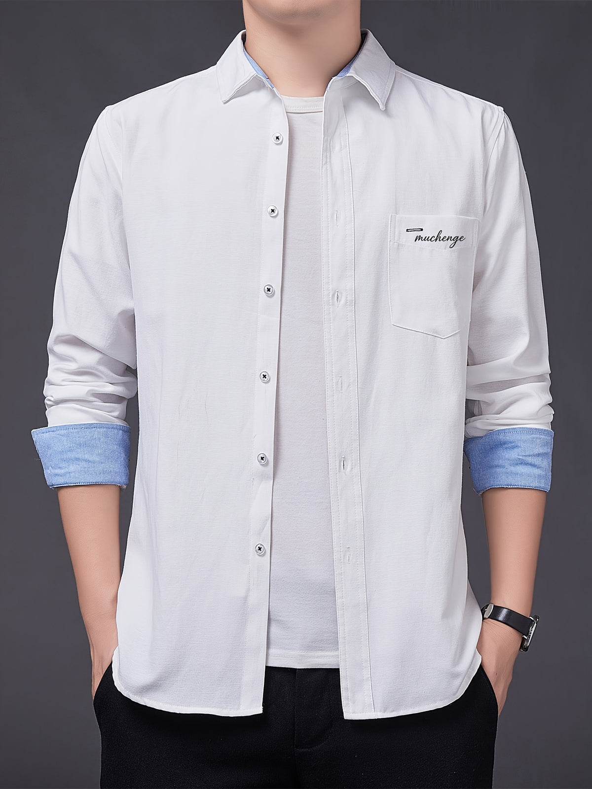 Men's Oxford Cloth Long-Sleeve Shirt for Spring/Autumn, with Lapel Collar, Simple Pocket, and English Print Decoration. Features Contrast Color Cuffs and Collar Design. A Versatile Basic Shirt for Business Casual Wear, Available in Multiple Colors - White