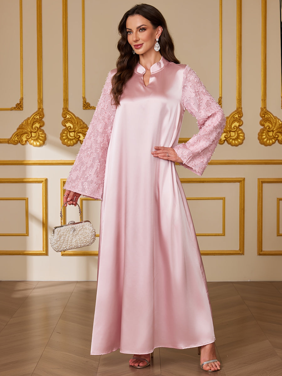 V-Neck Flared Sleeve Faux Pearl Embellished Elegant Arabic Dress - Pink Color