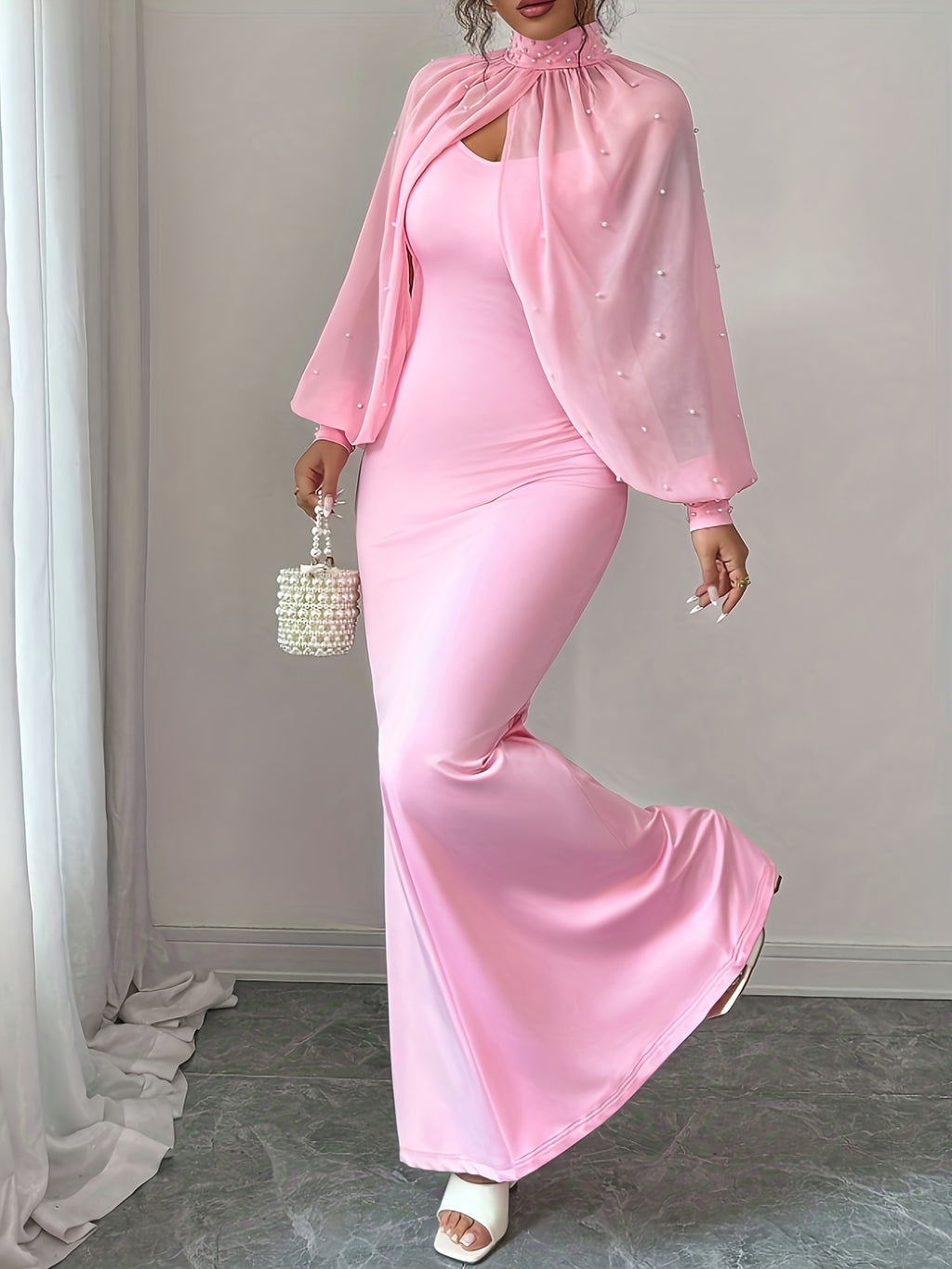 WY251221079 Elenzga New Elegant and Sophisticated Evening Gown, Dignified and Gentle, Dreamy, Hand-beaded Long-Sleeve Top, Graceful Mermaid Fit Slip Dress Set, Women's Elegant Bridesmaid Dress - Pink