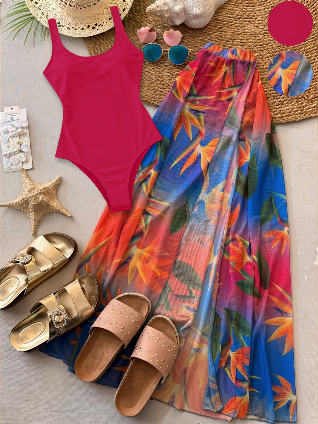 2026 Women'S Summer New Half Skirt Set, Slim Fit Sleeveless Jumpsuit with Camisole&Printed Semi Transparent Mesh Half Skirt Two-Piece Set, Elegant Party Y2K, Suitable for Poster Vacations, Parties, And Socializing - Mixed Color 2