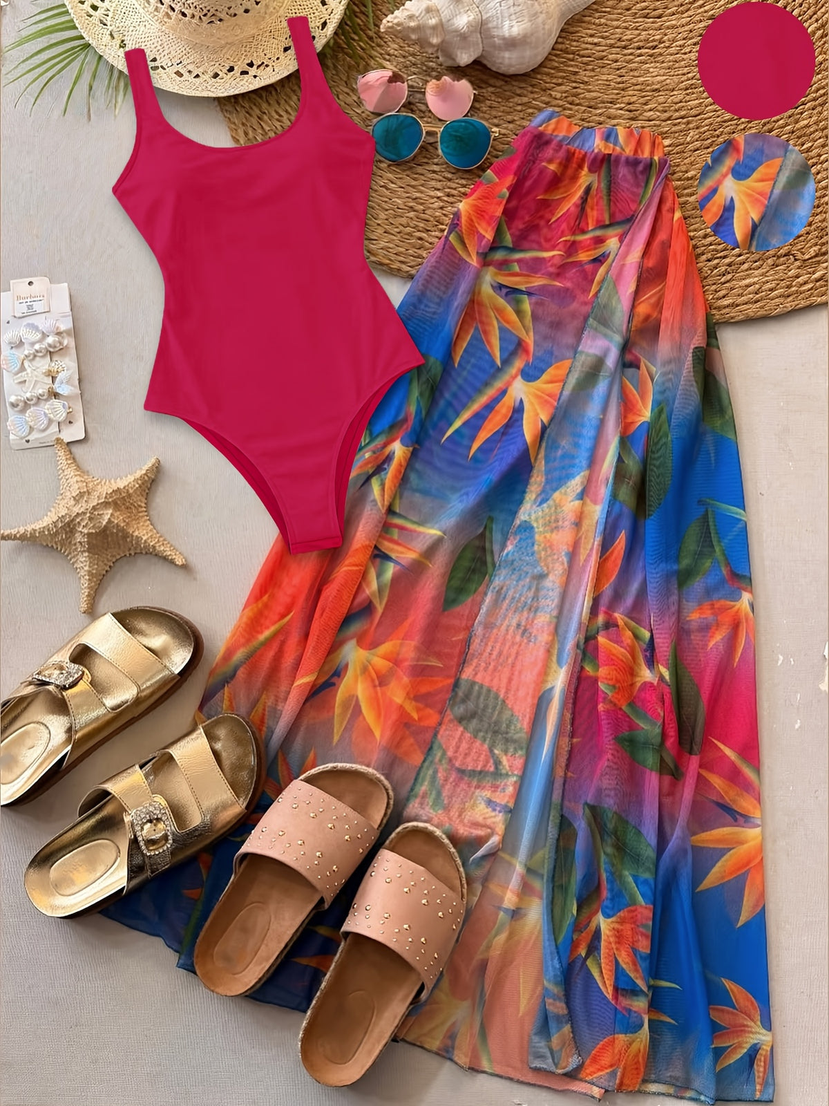 2026 Women'S Summer New Half Skirt Set, Slim Fit Sleeveless Jumpsuit with Camisole&Printed Semi Transparent Mesh Half Skirt Two-Piece Set, Elegant Party Y2K, Suitable for Poster Vacations, Parties, And Socializing - Mixed Color 2