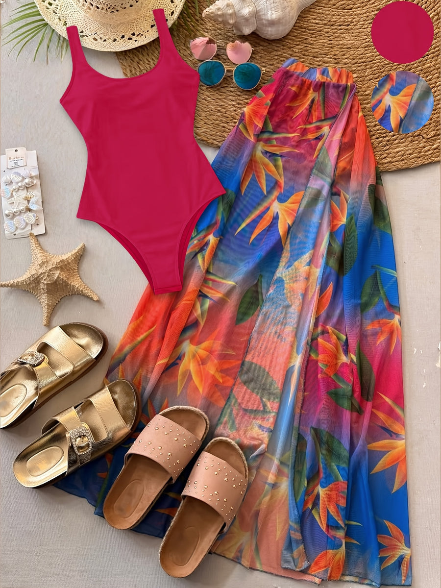 2026 Women'S Summer New Half Skirt Set, Slim Fit Sleeveless Jumpsuit with Camisole&Printed Semi Transparent Mesh Half Skirt Two-Piece Set, Elegant Party Y2K, Suitable for Poster Vacations, Parties, And Socializing - Mixed Color 2