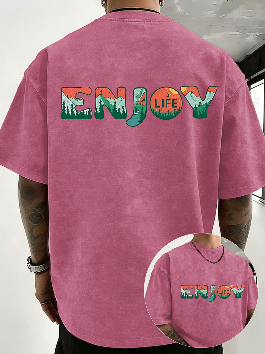 Loose Short Sleeve T-Shirt Men'S Heavyweight Pure Washed Distressed Top Trendy Double-Sided Print 12 Colors Free to Match Street Hip-Hop Style Casual Outing Sports Fitness Commuting Couple Style American Street Short Sleeve - Rose Red