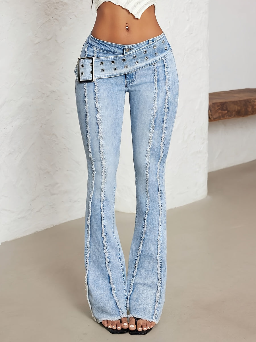 Spicy Style Low-Rise Streetwear Belted Raw Hem Flared Jeans - Light Blue