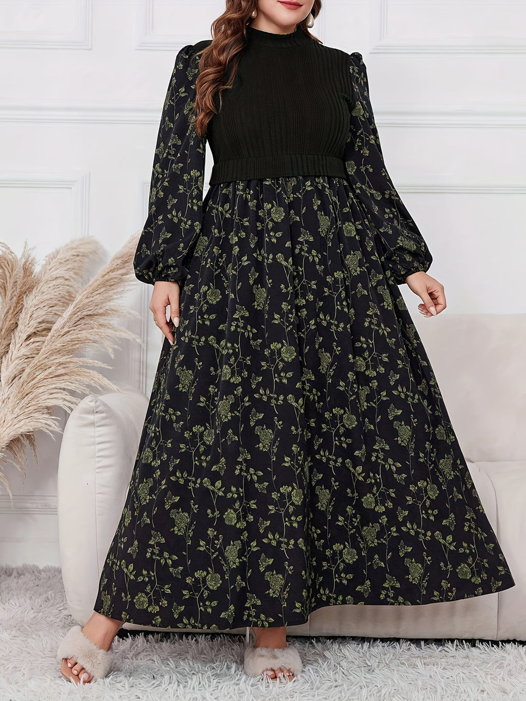 Plus Size - Plus Size - 2025 New Patchwork Fabric Design Floral Print Long Lantern Sleeves Small Stand-Up Collar Waist Slim Dating Travel Elegant Large Size Women'S Dress - Multicolor
