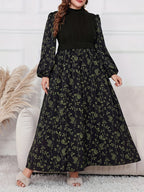 Plus Size - Plus Size - 2025 New Patchwork Fabric Design Floral Print Long Lantern Sleeves Small Stand-Up Collar Waist Slim Dating Travel Elegant Large Size Women'S Dress - Multicolor