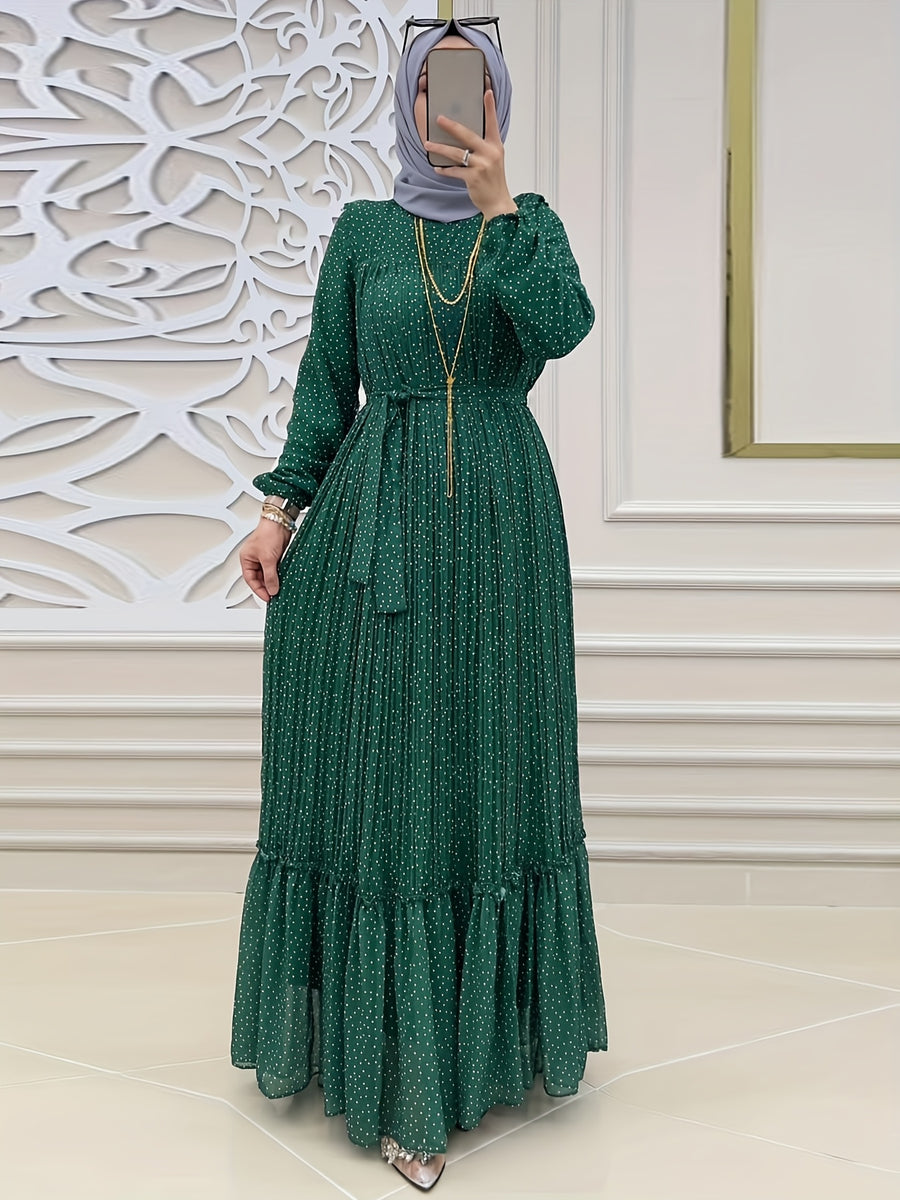 Women'S Middle Eastern Muslim Chiffon Polka Dot Print Long Dress - Dark Green