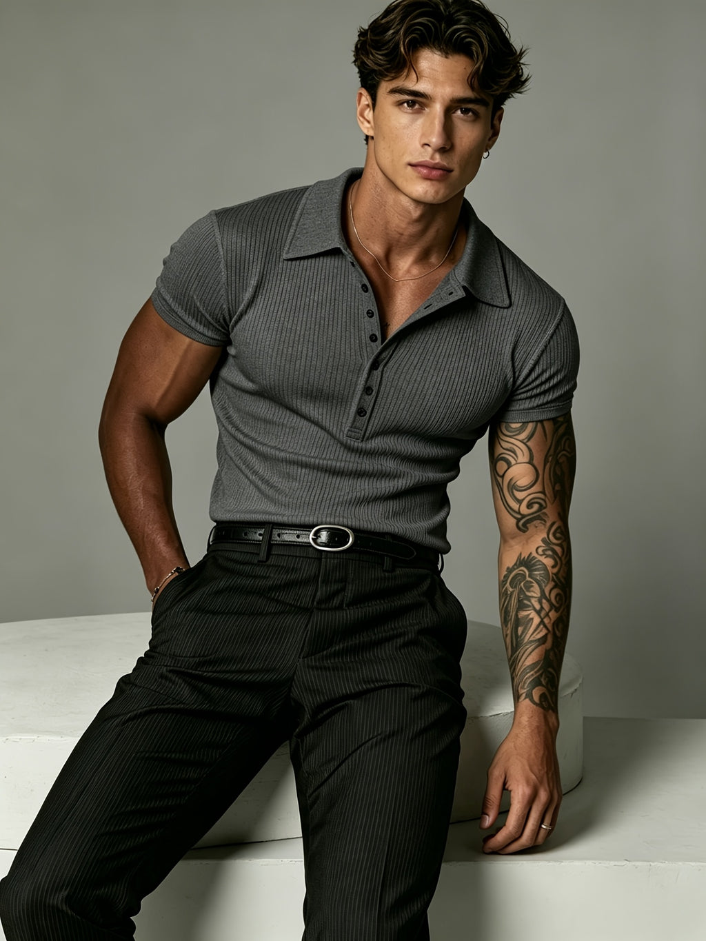 [Josh Mei OBM] 2026 Light Business Men'S White Textured Polo Short Sleeve Vertical Ribbed Henley Half-Button Collar Short Sleeve Stretch Slim Commute Date Versatile Top - Dark Gray