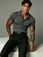 [Josh Mei OBM] 2026 Light Business Men'S White Textured Polo Short Sleeve Vertical Ribbed Henley Half-Button Collar Short Sleeve Stretch Slim Commute Date Versatile Top - Dark Gray