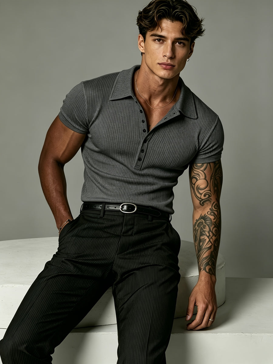 [Josh Mei OBM] 2026 Light Business Men'S White Textured Polo Short Sleeve Vertical Ribbed Henley Half-Button Collar Short Sleeve Stretch Slim Commute Date Versatile Top - Dark Gray
