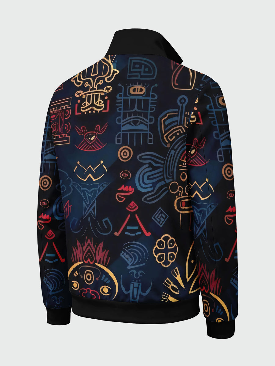 Men'S Novelty Fashion Sports Jacket, Black Golden Indigenous Face Print, Stand-Up Collar Zipper Autumn Winter Style Casual Outing Leisure Commute Versatile Trendy Open Front Coat - Mixed colors