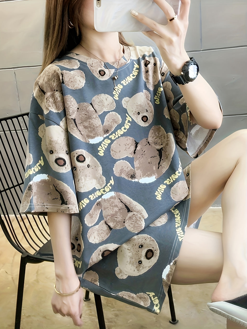 Summer New Large Size Loose Fashion Trend Thin Cartoon Round Neck Print Medium Long Short Sleeve T-Shirt - Light Blue