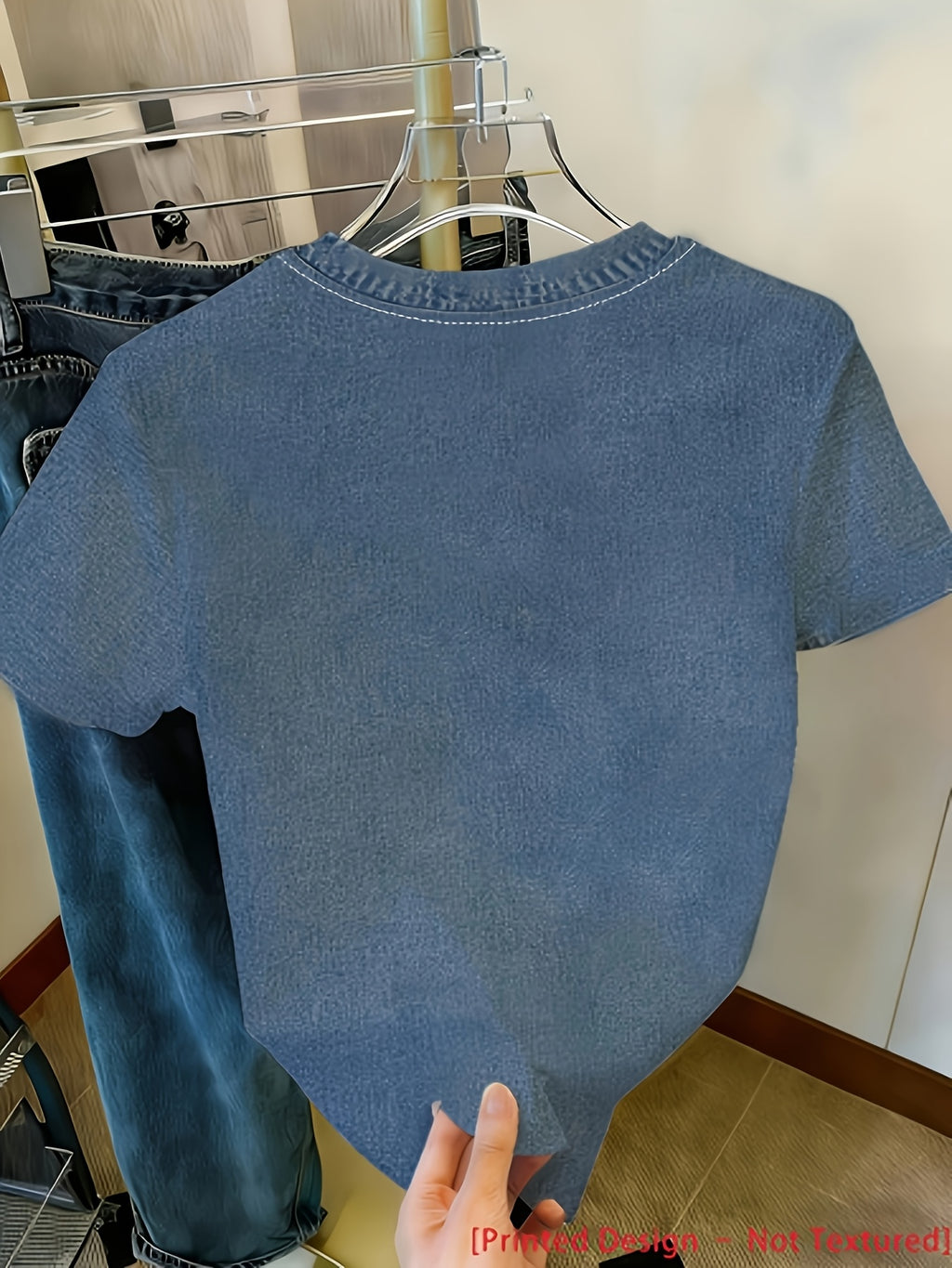 [Printed Pants - Not Denim Fabric] New Spring/Summer Women's Imitation Denim Distressed Hem Faux Button- Short Sleeve T-Shirt with Round Neck, Faux Metal Buttons, and Faux Cargo Pockets - Women's Top, Women's Summer Clothing - Mixed colors