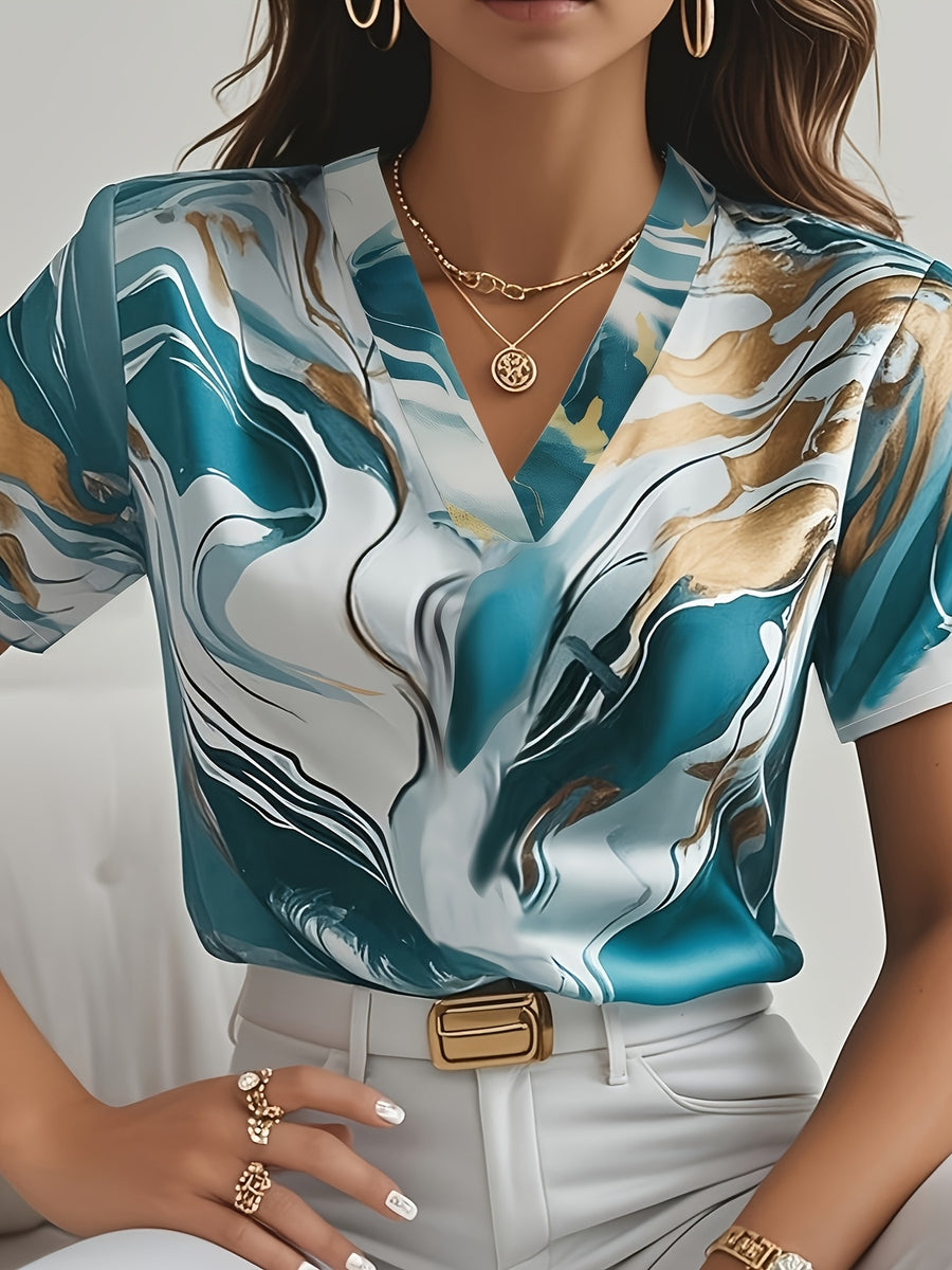 Women's Elegant Marble Print Short Sleeve Shirt - Lake Blue & Golden Geometric V-Neck Top, Lightweight Professional Blouse for Spring/Summer, Machine Washable Office & Casual Wear, Summer Fashion, Sophisticated Texture, Spring Outfit, Durable - Lake Blue