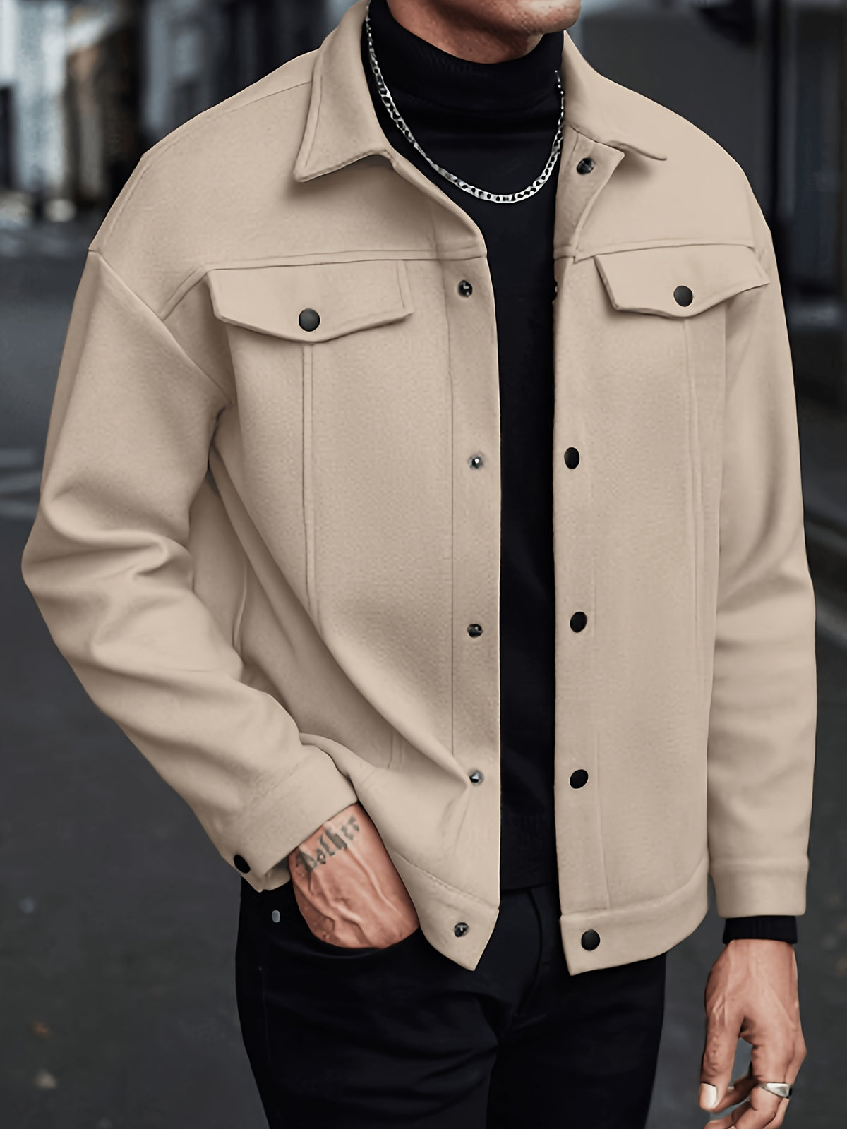 New Autumn/Winter Men's Lapel Tweed Shirt Jacket, Loose Fit with Double Patch Pockets, Single-Breasted Casual Workwear Outerwear, Versatile Top for Daily Commuting - Khaki