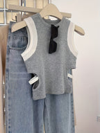 Women'S Round Neck Fashion Contrast Tank Top, Waist Cut-Out Design Top - Mixed colors