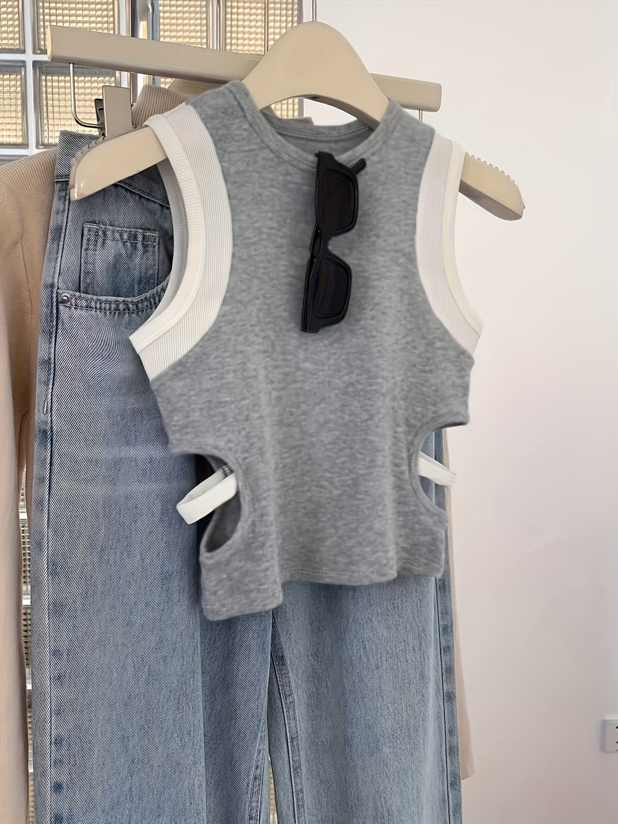 Women'S Round Neck Fashion Contrast Tank Top, Waist Cut-Out Design Top - Mixed colors