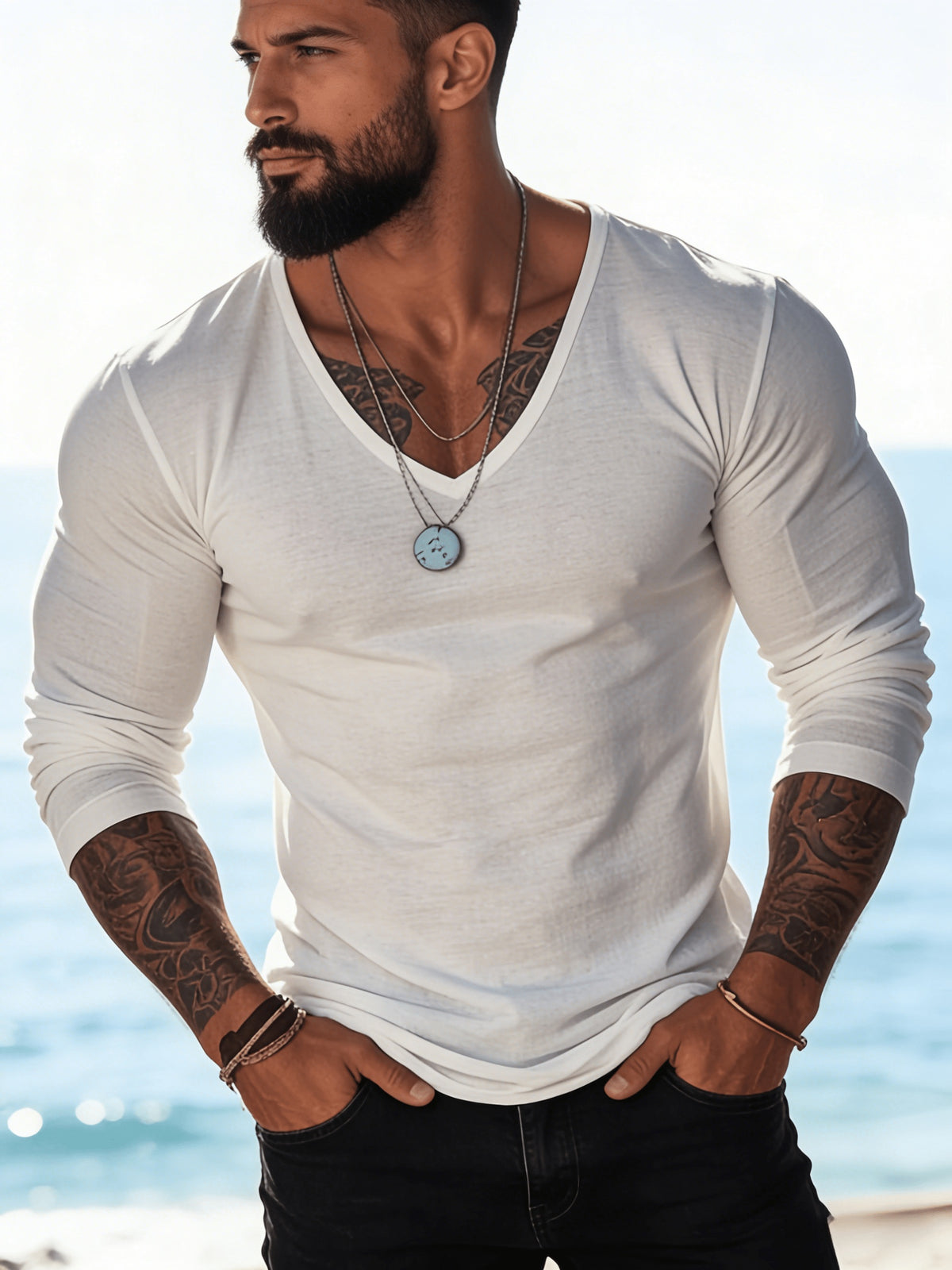 4pcs New Men's Tops, Fashionable Sporty V-Neck Long Sleeve, Spring/Summer Casual, Comfortable, Dry, Breathable, Trendy, Casual, Premium, Simple - Mixed colors