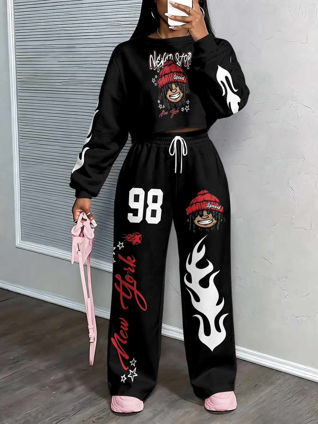 Women 2pcs Y2K Tracksuit, New York Cartoon Character 98 White Flame Print Crop Long Sleeve Sweatshirt And Drawstring Wide Leg Pants Hip Hop Streetwear Outfit - Mixed colors