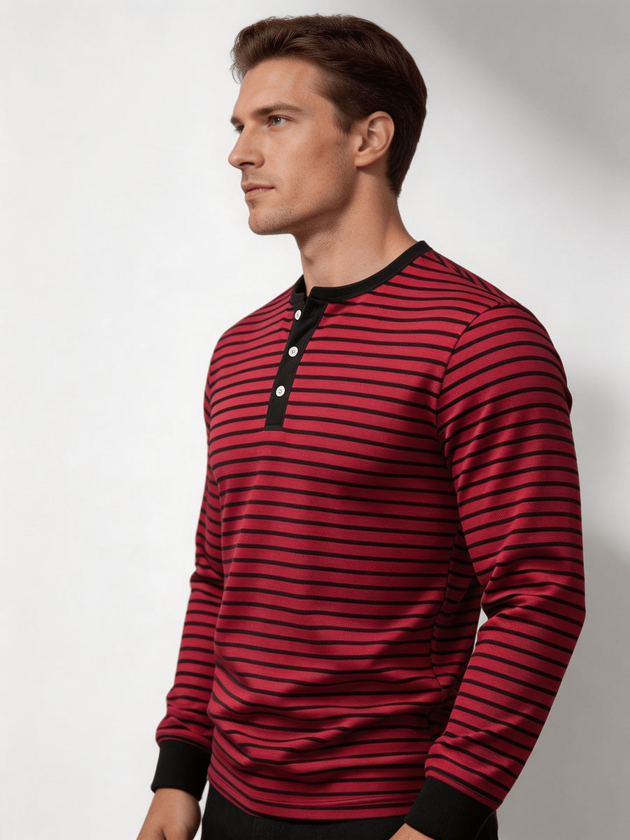 Men'S Round Neck Long Sleeve Henley Shirt, Classic Striped Button-Front Top, Ribbed Cuffs And Hem Breathable Soft Knit Pullover, Men'S Autumn Casual Shirt - Red