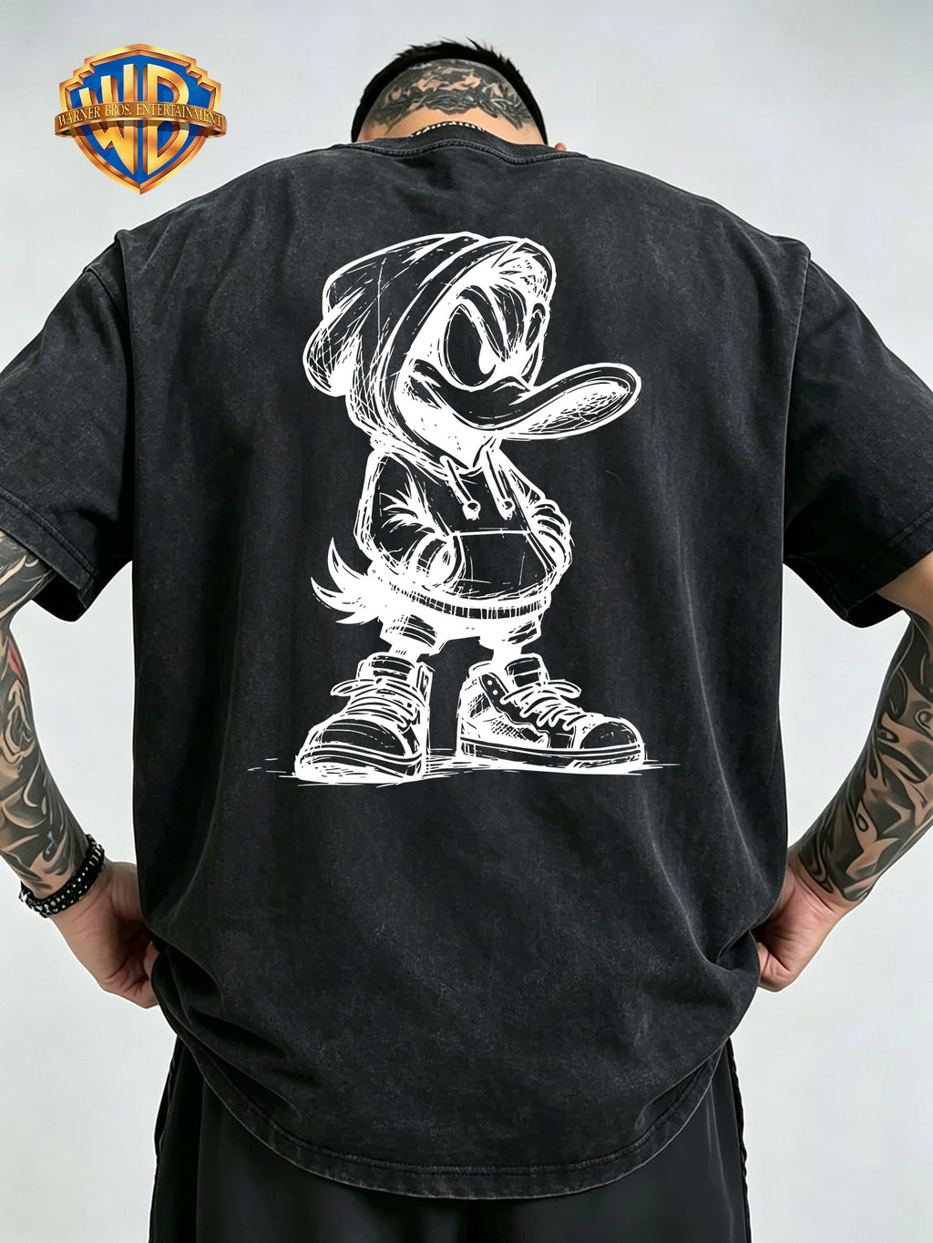 Warner Bros Official Hand-Drawn Cartoon Print Washed T-Shirt, Men's 100% Pure Cotton Fabric, Casual and Comfortable Style, Loose Fit Breathable Short Sleeve Men's Casual Top, Distressed Washed Loose Fit - Black
