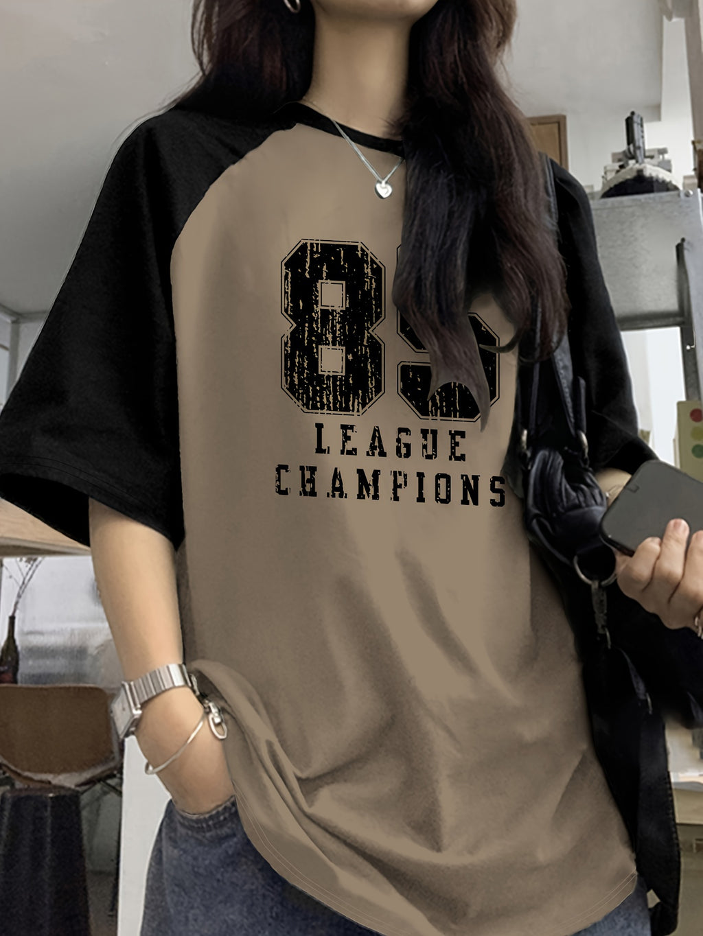 Letter Print Drop Shoulder T-Shirt, Short Sleeve Crew Neck Casual Top for Spring & Summer, Women'S Clothing - Black