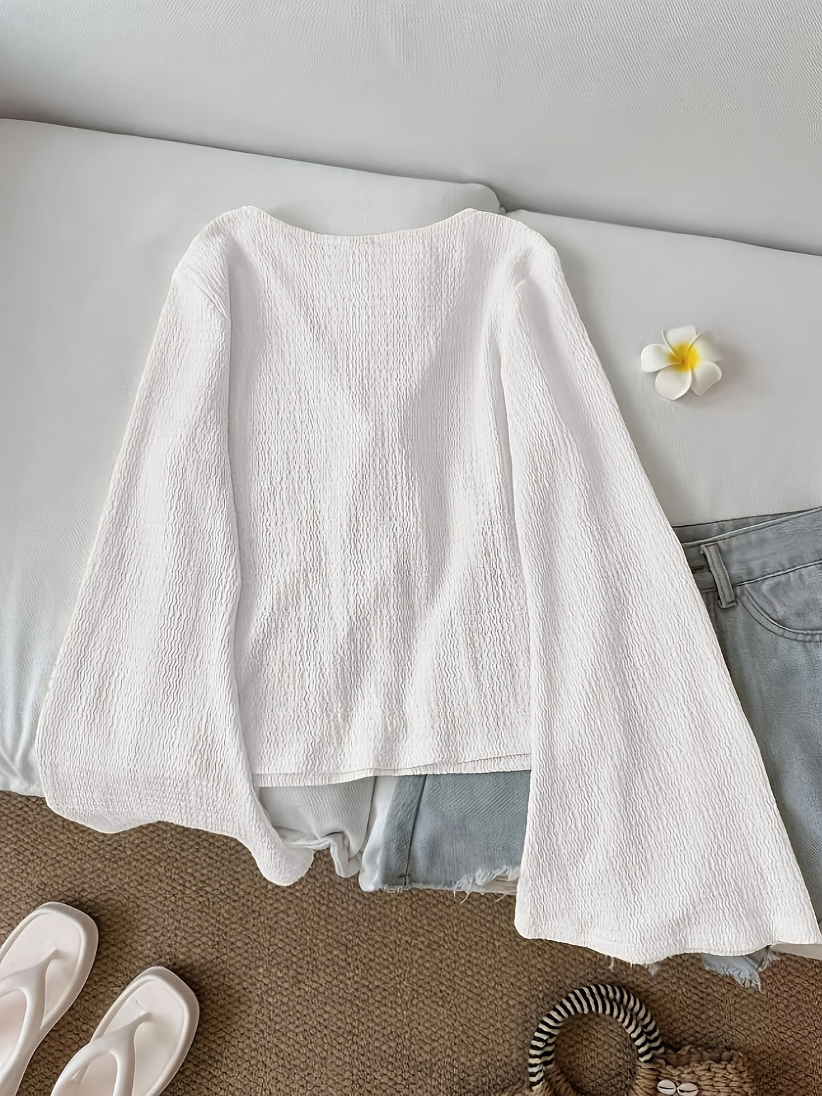 Solid Color Front-Tie Bow Open-Front Fashion Flared Sleeve Blouse New Women'S Short Top - White