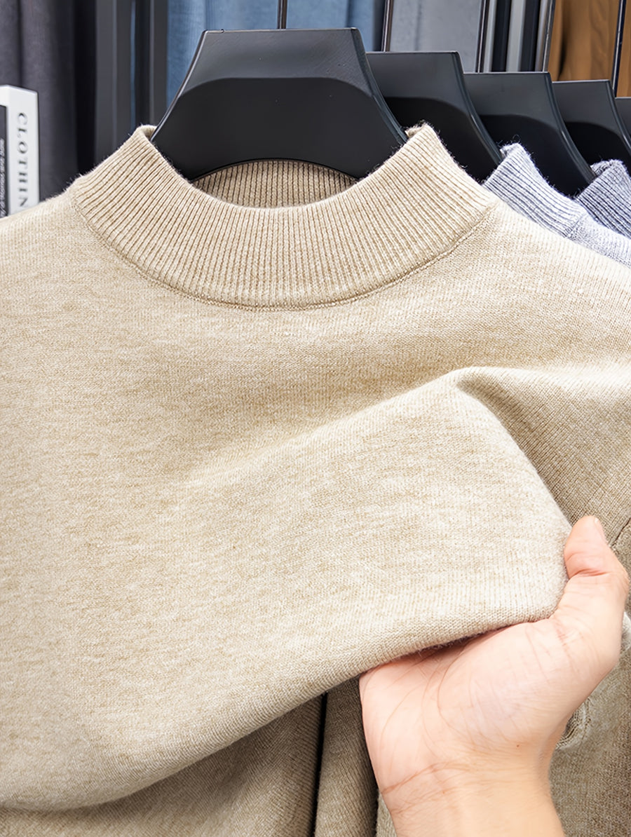 Men's Solid Color Half-Turtleneck Sweater, Available in Multiple Colors, Ribbed Cuffs, Simple Basic Style, Business Casual for Autumn/Winter, Slim Fit Commuter Base Layer Knit Top - Khaki