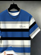 Printed Design, Non-textured Men's Casual Crew Neck T-shirt, Striped Color-block Pattern, Drapey and Stylish Top, Suitable for All Seasons, Breathable Regular Fit for Daily and Formal Wear - Crew Neck Casual Top, Comfortable to Wear, Pockets - Mixed Color 1