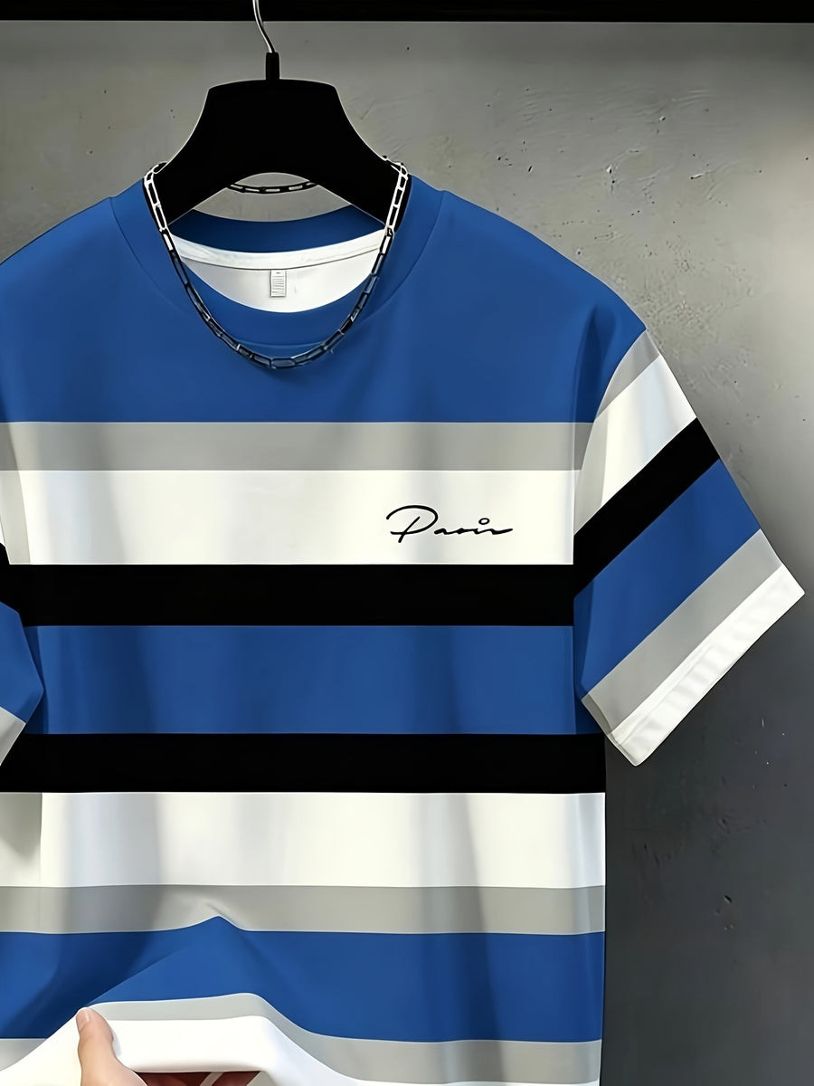 Printed Design, Non-textured Men's Casual Crew Neck T-shirt, Striped Color-block Pattern, Drapey and Stylish Top, Suitable for All Seasons, Breathable Regular Fit for Daily and Formal Wear - Crew Neck Casual Top, Comfortable to Wear, Pockets - Mixed Color 1