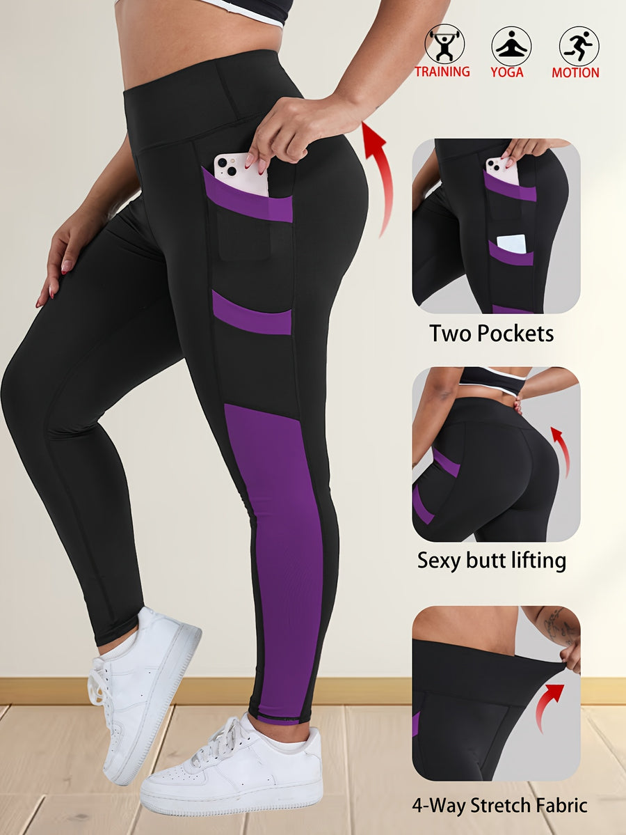 Plus Size Women's High-Waisted Yoga Pants Tummy Control Workout Leggings with 4 Side Pockets Color-blocking Design,for Running, Fitness Casual & Sports Wear - Deep Purple